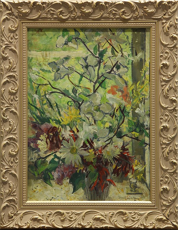 Painting, Gerald Vivian Davis: Gerald Vivian Davis (American, 1899-1987), Floral Still Life, 1952, oil on canvasboard, signed and dated lower right, sight: 19.5"h x 14"w, overall (with frame): 26"h x 20.5"w