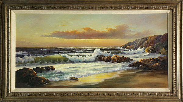 Painting, Sunset on the Waves: Sunset on the Waves, oil on canvas, signed "Jeanell" lower right, 20th century, overall (with frame): 33"h x 57"w