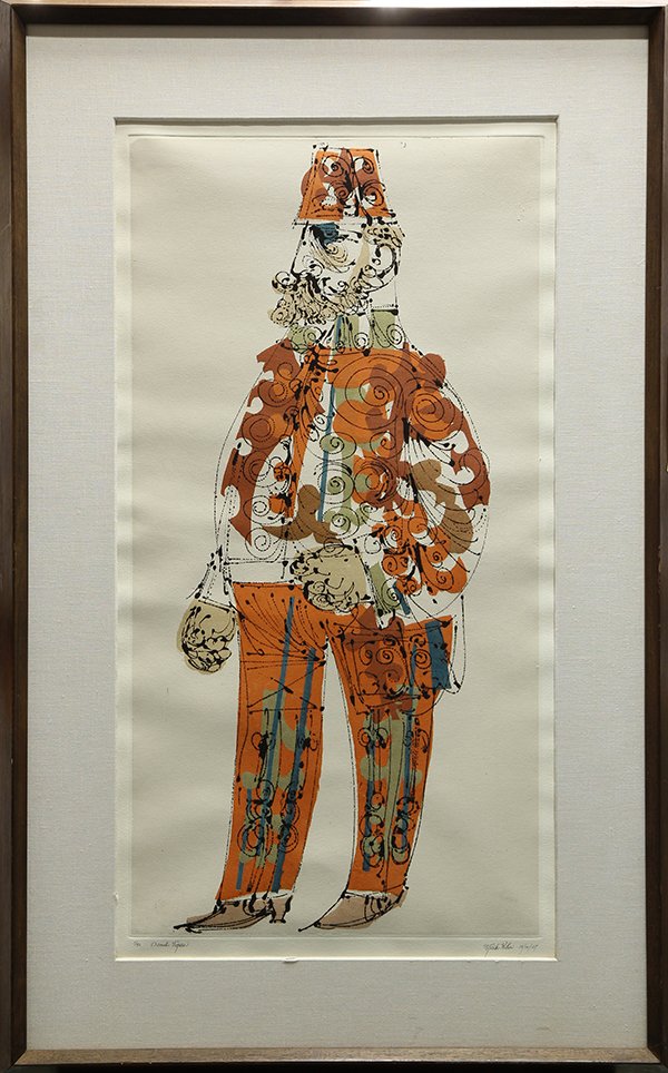 Print, Misch Kohn: Misch Kohn (American, 1916), "Ornate Figure," 1967, carborundum etching and color lithograph, pencil signed lower right, titled lower left, edition 1/50, overall (with frame): 46"h x 28"w. Provenance: