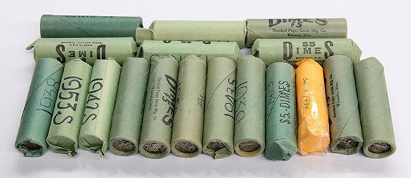 (Lot of approximately 18 rolls) Silver dimes: (Lot of approximately 18 rolls) Silver dimes dating from 1934 to 1958