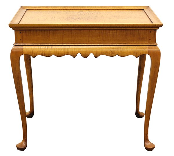 Chippendale style tiger maple tea table: Chippendale style tiger maple tea table, having a dished top surmounting the two slide out surfaces, surmounting the scroll carved apron, and rising on cabriole legs terminating on pad feet, 26.5"h x