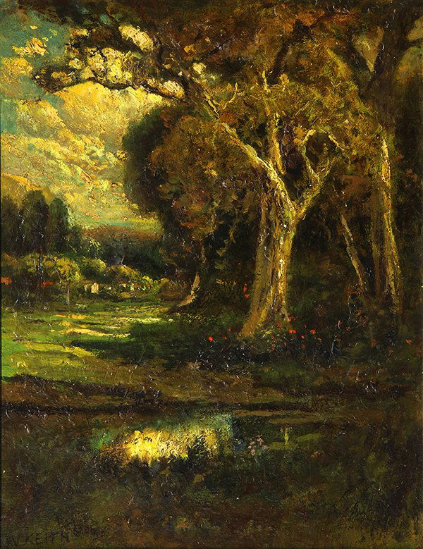 Painting, Attributed to William Keith: Attributed to William Keith (American, 1838-1911), Northern California Oaks, oil on canvas, signed lower left, canvas: 16"h x 20.5"w, overall (with frame): 27"h x 22.5"w