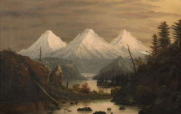 Painting, Attributed to Frederick Ferdinand Schafer: Attributed to Frederick Ferdinand Schafer (American, 1839-1927), The Three Sisters, Oregon, oil on canvas, unsigned, canvas: 18"h x 28"w, overall (with frame): 25.5"h x 35.5"w