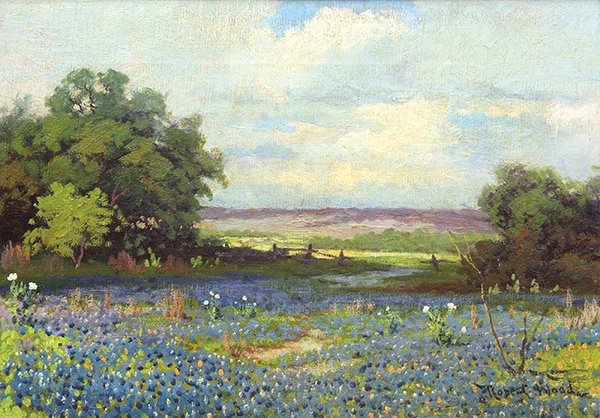 Painting, Robert Wood, Field of Bluebonnets: Robert Wood (American, 1889-1979), Field of Bluebonnets, oil on board, signed lower right, board: 11.5"h x 16"w, overall (with frame): 16.25"h x 21.25"w
