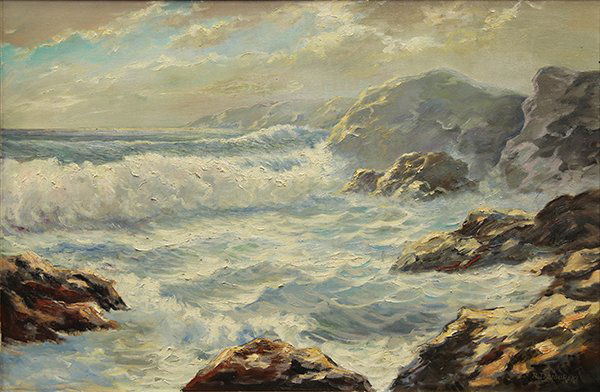 Painting, Alexander Dzigurski, Crashing Waves: Alexander Dzigurski (American, 1911-1995), Crashing Waves, oil on canvas, signed lower right, canvas: 24"h x 36"w, overall (with frame): 33.5"h x 45.5"w