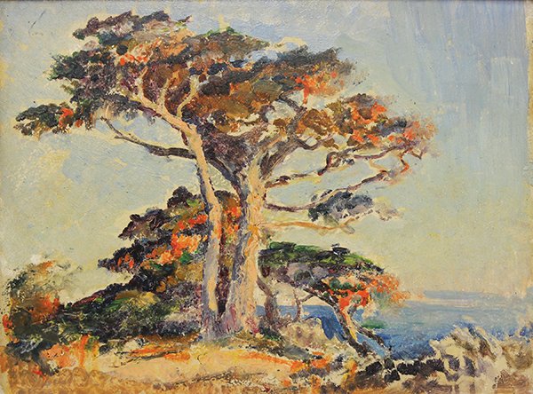 Painting, Frank Montague Moore: Frank Montague Moore (American/British, 1877-1967), Monterey Trees by the Coast, oil on board, signed verso, board: 12"h x 16"w, overall (with frame): 16.75"h x 20.75"w