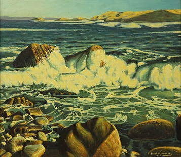 Painting, Frank J. Gavencky, Carmel Headlands: Frank J. Gavencky (American, 1888-1966), Carmel Highlands, oil on board, signed lower right, William Karges Fine Art Gallery, Carmel, CA, label affixed verso, board: 30"h x 34"w, overall (framed): 36.