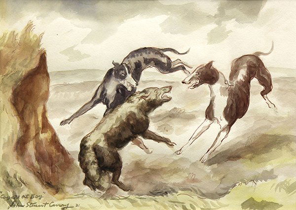 Watercolor, John Steuart Curry: John Steuart Curry (American, 1897-1946), "Coyote at Bay," 1931, watercolor, signed, titled and dated lower left, sight: 11.25"h x 16"w, overall (with frame): 20"h x 24"w