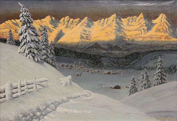 Painting, Constantin Alexandrovitch Westchiloff: Constantin Alexandrovitch Westchiloff (Russian, 1877-1945), Sunset on a Mountain Village in Winter, oil on canvas, signed lower right, canvas: 27.75"h x 39.5"w, overall (with frame): 33.5"h x 46"w