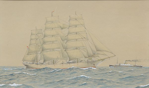 Watercolor, Charles J.A. Wilson: Charles J.A. Wilson (American/Scottish, 1880-1965), "Sailing Vessel with Steamer," watercolor, signed lower left, sight: 11"h x 18.5"w, overalll (with frame): 18.5"h x 26"w