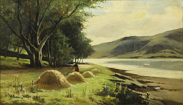 Painting, Attributed to William Gorman Wills: Attributed to William Gorman Wills (British, 1828-1891), Tending the Hay in the Late Afternoon, 1891, oil on canvas, bears signature and dated lower left, canvas: 12"h x 20"w, overall (with frame): 16