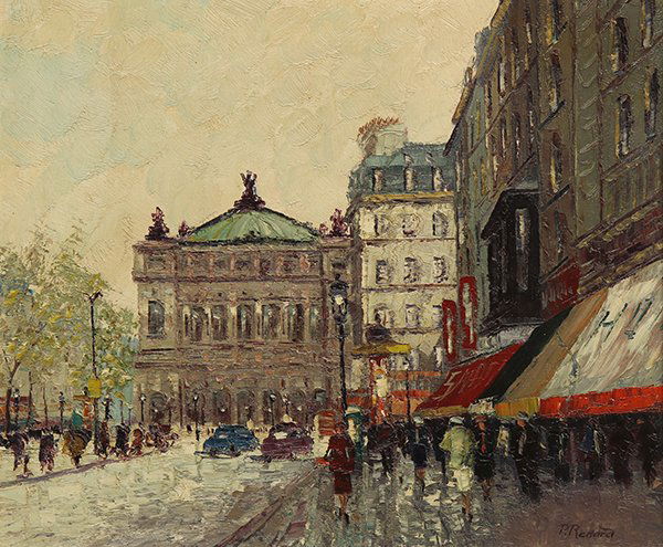 Painting, Paul Renard, Parisian Street Scene: Paul Renard (French, 1941-1997), Parisian Street Scene, oil on canvas, signed lower right, canvas: 19.75"h x 24.25"w, overall (with frame): 28.5 x 32.5"w