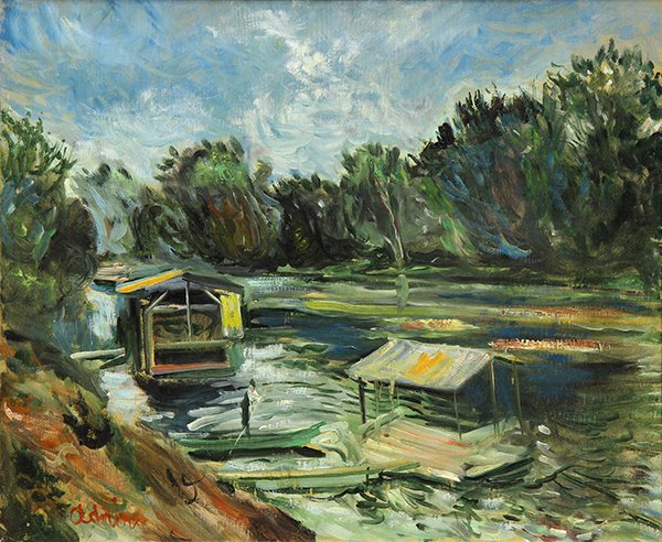 Painting, Lucien Adrion, River Scene with Boats: Lucien Adrion (French, 1889-1953), River Scene with Boats, oil on canvas, signed lower left, canvas: 18"h x 24.75"w, overall: 26.5"h x 30"w