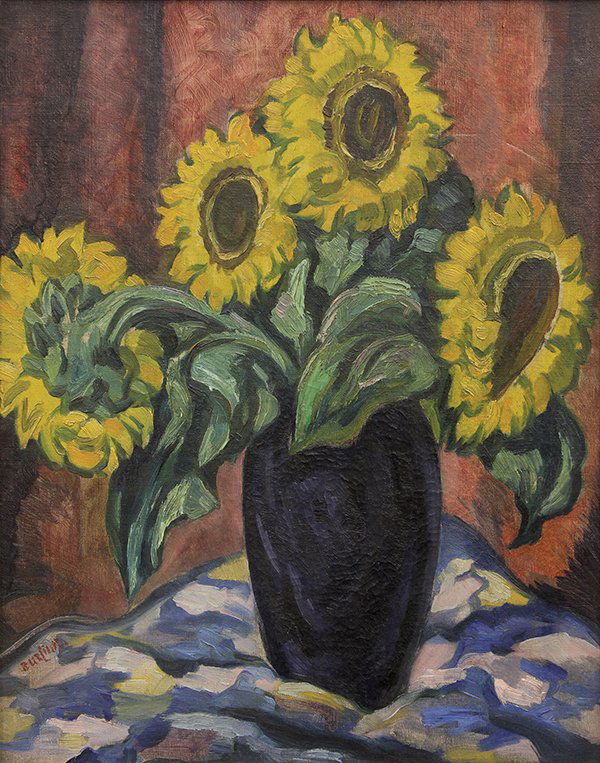 Painting, David Davidovich Burliuk: David Davidovich Burliuk (Russian, 1882-1967), Still Life with Sunflowers, oil on canvas, signed lower left, canvas: 23"h x 18.25"w, overall (with frame): 29"h x 24.25"w