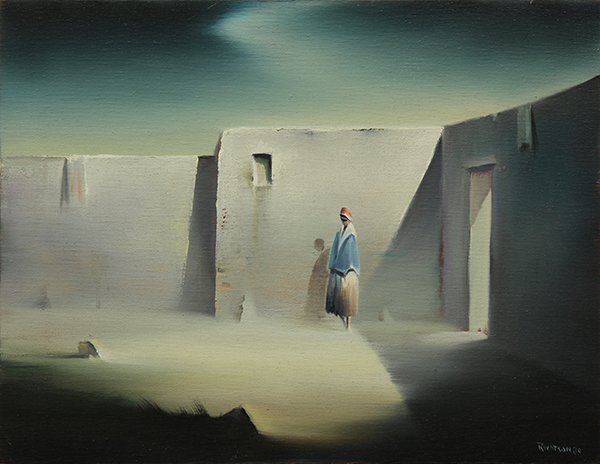 Painting, Robert Watson, Courtyard: Robert Watson (American, 1925-2004), "Courtyard," 1980, oil on canvas, signed and dated lower right, title inscribed verso, canvas (unframed): 14"h x 18"w