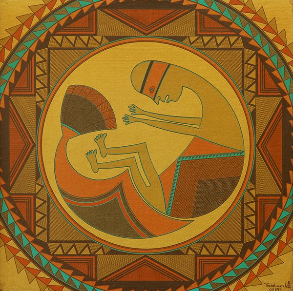 Painting, Helen "Tsa-Sah-Wee-Eh," Hardin: Helen "Tsa-Sah-Wee-Eh," Hardin (American, 1946-1984), "Journey to the Water World," 1983, acrylic on board, signed lower right and dated, sight (circular): 13.5" in diameter, overall (with frame): 25.