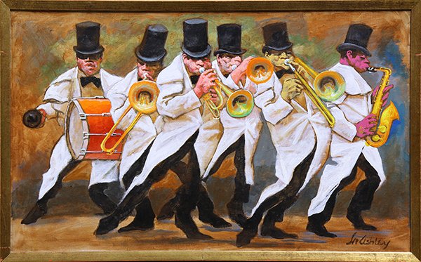 Painting by Frank Nelson Ashley: Frank Nelson Ashley (American, 1920-2007), "Storyville Marching Band," oil on canvas, signed lower right, titled verso, canvas: 22"h x 36"w, overall (with frame): 23.25''h x 37.25''w