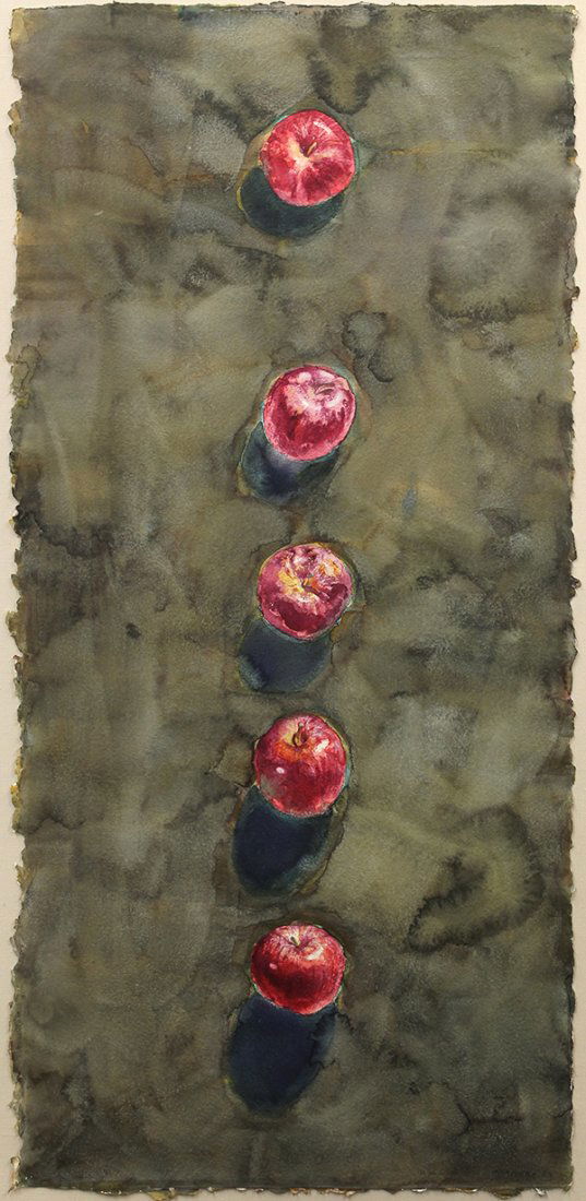 Watercolor by Arthur Okamura: Arthur Okamura (American, 1932-2009), "Apple Row," 1982, watercolor, signed and dated lower right, Braunstein Gallery (San Francisco, CA) title label affixed verso, sight: 41.5"h 19.5"w, overall (with