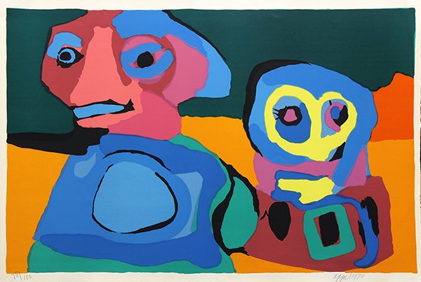 Print by Karel Appel: Karel Appel (Dutch, 1921-2006), Two Owls, 1970, color lithograph, pencil signed and dated lower right, edition 78/100, image: 26.25''h x 40''w, sheet (unframed): 28.25''h x 41.25''w. Provenance: Barcl
