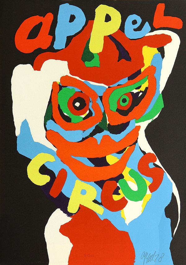 Print by Karel Appel: Karel Appel (Dutch, 1921-2006), Circus, 1978, color woodcut and carborundum, pencil signed and dated lower right, edition 8/200, sheet (unframed): 33.5''h x 24''w. Provenance: Barclay Simpson Fine Art