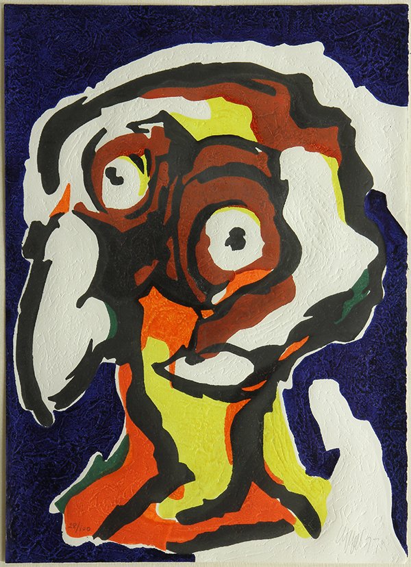 Print, Karel Appel, The Philosother: Karel Appel (Dutch, 1921-2006), "The Philosopher," 1977, color woodcut with embossing, pencil signed lower right and dated, edition 28/100, sheet: 26"h x 19.5"w, overall (with frame): 38"h x 31.25"w