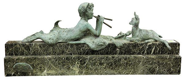 Bronze, Ary Jean Leon Bitter, A Faun Playing for his: Ary Jean Leon Bitter (French, 1883-1973), A Faun Playing for his Fawn, bronze sculpture atop a marble base, signed and marked France on bronze plate, overall: 11"h x 26"w x 6"d. Provenance: Unaccessio