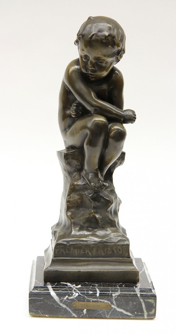 Sculpture, Eugene Marioton: Eugene Marioton (French, 1854-1933), "Premier Frisson," bronze sculpture, signed lower left, mounted on black marble base, overall (with base): 15"h x 6.5"h x 6.5"w