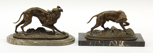 Sculptures, Pierre Jules (P.J.) Mene: (lot of 2) Pierre Jules (P.J.) Mene (French, 1810 - 1879), Les Chiens, bronze sculptures, each signed at base, overalls: 6''h x 10.5''w x 4.5''d / 6''h x 10.5''w x 6''d
