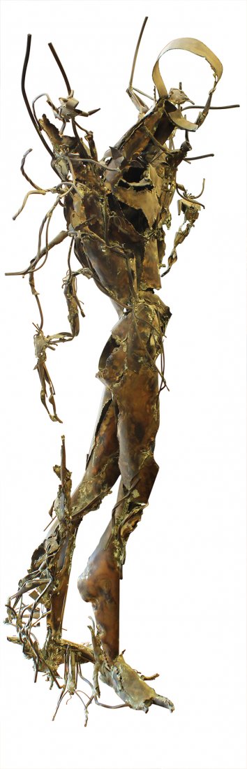 Sculpture, Taki Camille: Taki Camille (20th century), Man Rises, welded metal sculpture upon custom built wood and plastic base, signed Taki on lower left heel, sculpture: 60"h x 36.5"w x 18"d, overall (with base): 84"h x 46.
