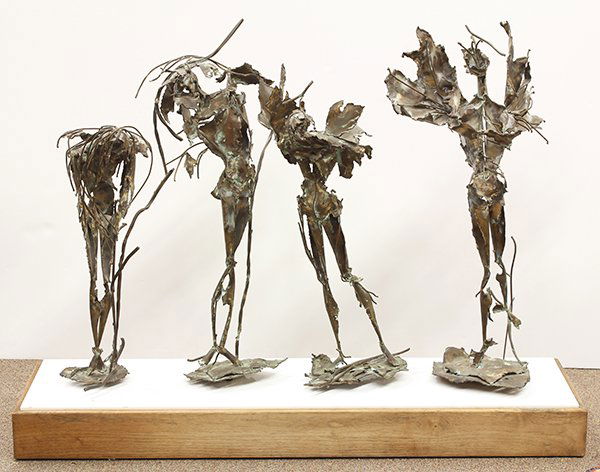 Sculpture, Taki Camille, Four Seasons: Taki Camille (20th century), Four Seasons, four welded metal sculptures upon custom built wood and marble base, sculpture overall (with base): 36"h x 46.25"w x 12.5"d