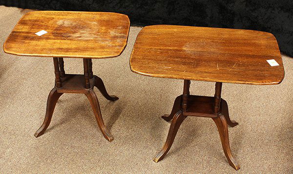 Pair of Regency style occasional tables: Pair of Regency style occasional tables, each having a shaped rectangular top, above the turned standard in four parts, continuing to the quadruped base, 19"h x 19.5" w x 16"d