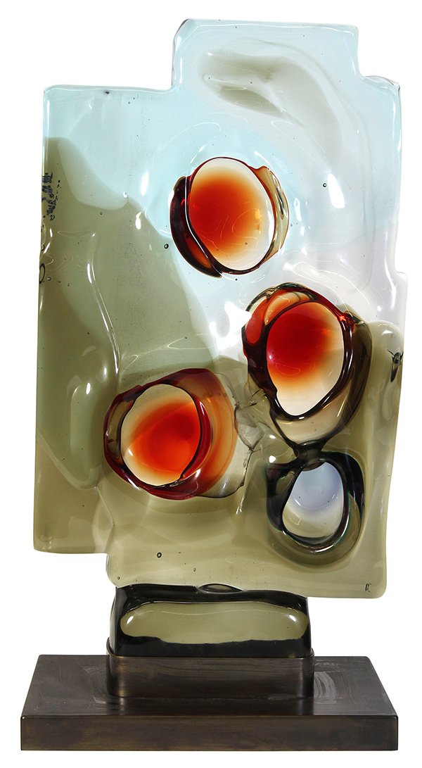 Alfredo Barbini "Volcano" glass sculpture: Alfredo Barbini "Volcano" glass sculpture, circa 1960, the block form having sommerso craters executed red and smokey gray, on a green ground, signed on underside, mounted on distressed metal base, 20