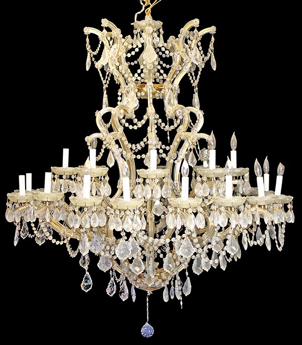Strass Marie Theresa monumental two tier crystal: Strass Marie Theresa monumental two tier crystal chandelier with faceted and shaped drops, flanking the 27 lights, suspended with supports having rosette medallions, approx. 50"h x 45"w