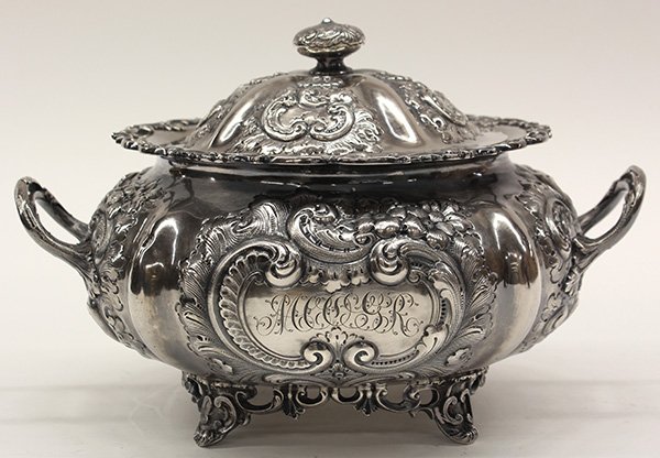 American sterling silver tureen by Theodore B. Starr: American sterling silver tureen by Theodore B. Starr, New York, NY, 1890's-1924, in the Rococo taste, having a lid with finial and repoussé 'C' scroll decoration surmounting a melon form body with do