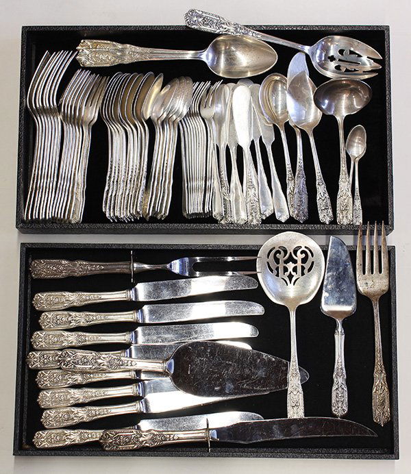 American sterling silver flatware service for eight: American sterling silver flatware service for eight plus by Westmoreland in the "Milburn Rose" pattern, having six pieces per place setting, comprising, place knives, place forks, and salad/dessert fo