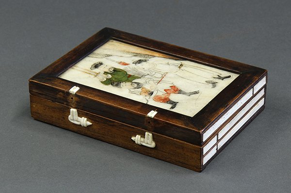 Chinese Book Form Wood Box, with Marble Plaque: Chinese wooden book form box, the lid inset with a marble plaque decorated with three figures, each holding a weapon, 1.5"h x 7.5"w x 5"d