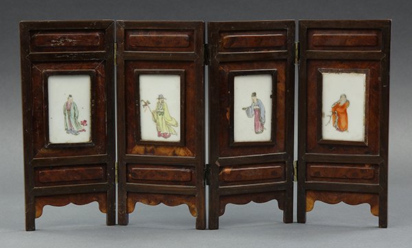 Chinese Table Screen with Porcelain Plaque: Chinese miniature four panel wood screen with porcelain plaques, Republic period, the plaques each painted with a scholar set within a wood frame, overall: 8.75'h x 15.6"w
