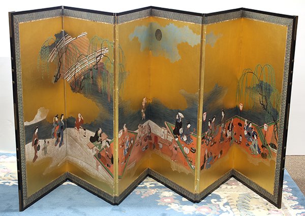 Japanese Six-panel Screen, Evening Cool in Edo, 19c: Japanese six-panel byobu screen, 19th century, depicting people of the Edo period enjoying the evening cool by the river on a gilt background, including female entertainers and food stands, overall: 4