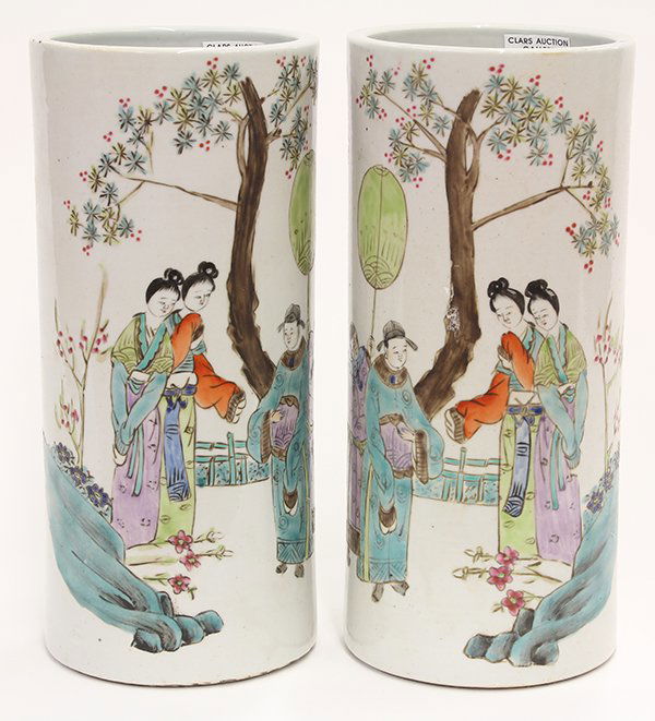Two Chinese Hat Stands: Pair of Chinese porcelain hat stands, of cylindrical form painted with a scholar official and two beauties, the upper inscribed with bearing signature Luo Zhonglin, 10.5"h