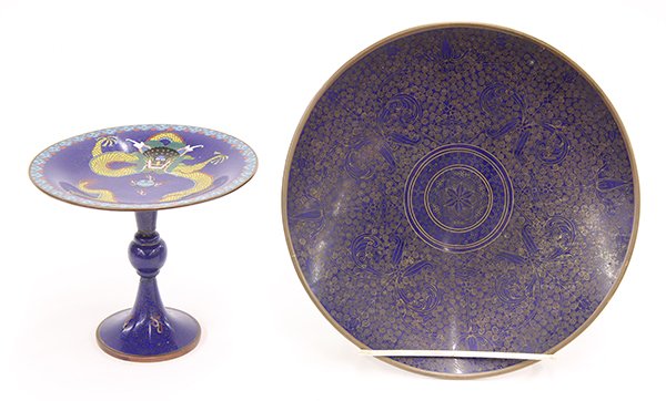 Two Chinese Cloisonne Tazza/Charger: (lot of 2) Chinese cloisonne enameled tazza and charger, the footed dish featuring a yellow dragon to the interior on a blue ground; the charger with wires forming bouquets of flowers on a scroll grou