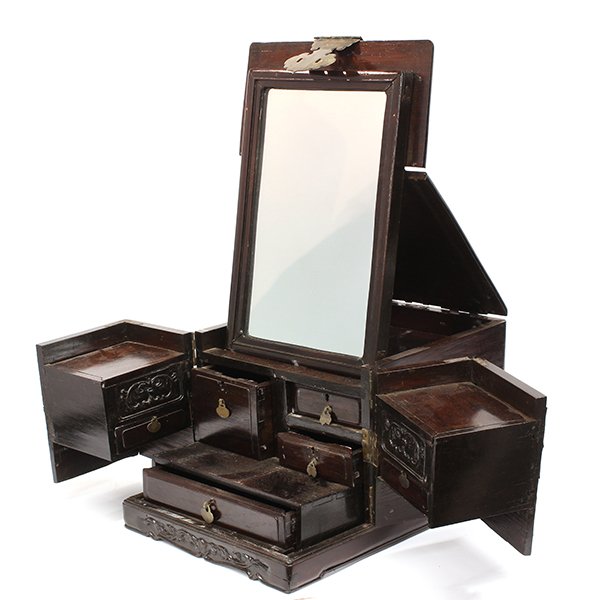 Chinese Wooden Jewelry Box: Chinese hardwood vanity/jewelry box, early Republic period, with a hinged top lid flipping out to a mirror, above a pair of hinged compartments concealing additional drawers, with metal mounts, 14.75"