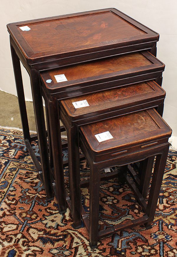 Chinese Nesting Tables, Burlwood: (lot of 4) Set of Chinese nesting tables, with burlwood top panels within a beaded edge, raised on slender supports braced by humpback stretchers, largest: 25.75"h