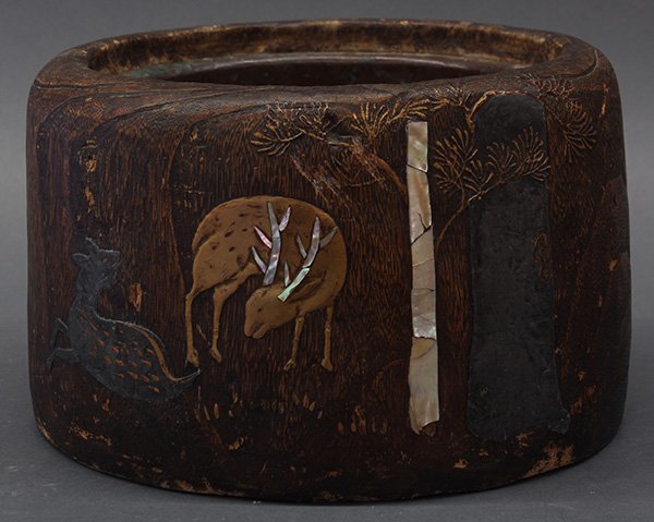 Japanese Wood Lacquered Hibachi: Japanese lacquered wood hibachi, 19th century, the exterior with a pair of deer in mother of pearl inlay, with a copper insert, 7"h x 10"dia; Provenance: Property from a private collection to benefit