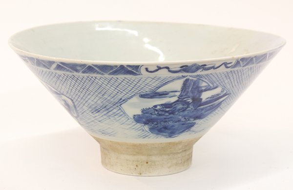 Chinese Blue and White Porcelain Bowl: Chinese blue and white porcelain bowl, decorated with landscape and mythical animals in four reserves over a cross hatch ground, with 'Guan Fu Nei Cang' mark on the recessed base, 5.5"h