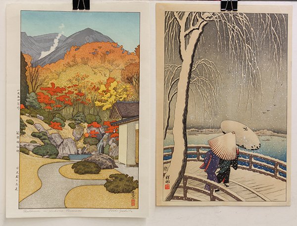 Japanese Woodblock Prints: Sharaku, Koson, Yoshida: (lot of 4) Group of Japanese woodblock prints: Yoshida Toshi (Japanese, 1911-1995), 'Autumn in Hakone Museum', with the signature, seal and title, dated 1954; Ohara Koson (Japanese, 1877-1945), 'Snow 