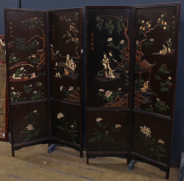 Chinese Inlaid Lacquer Screen: Chinese four panel lacquered screen, fronted by scenes of beauties and scholars in elegant pursuits executed in stone inlay, reverse painted with bird-and-flower reserves, each: 78"h x 22"w
