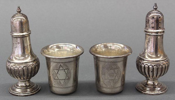 (lot of 4) Group of sterling silver table accessories: (lot of 4) Group of sterling silver table accessories, consisting of a pair of hunt cups with rolled rims and bright cut engraving, 2.5"h; together with a pair of salt and pepper shakers in the Chippe