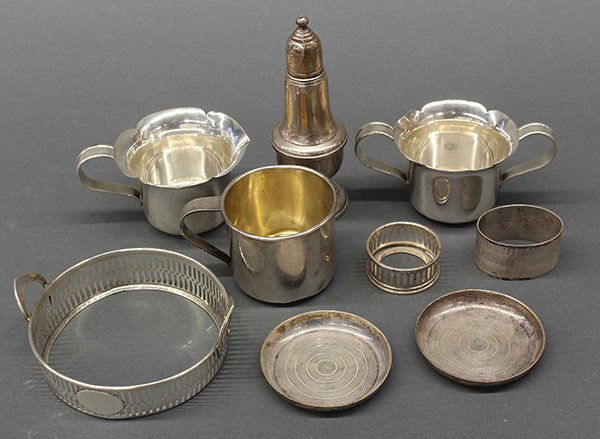 (lot of 9) Associated group of sterling silver table: (lot of 9) Associated group of sterling silver table articles, consisiting of a creamer and sugar by A.T. Gunner, a pair of butter pats by The Goldsmith & Silversmiths Co, a napkin ring by John Rose,