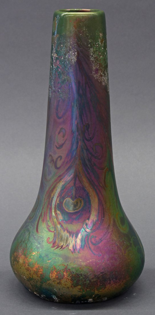 Sicard style iridescent vase: Sicard style iridescent vase, having a tapered neck (repaired) continuing to the bulbous body terminating on the circular base, impressed 6, 12.5"h x 6"w