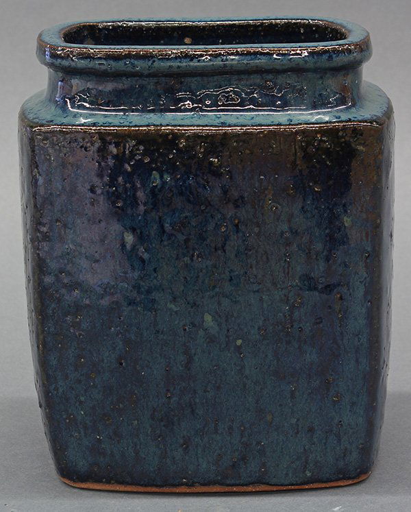 Mid-Century Danish blue earthenware ceramic vase: Mid-Century Danish blue earthenware ceramic vase, by Jytte Trebbian having a rectangular form, signed to underside "F Trebbian Denmark", 7.5"h